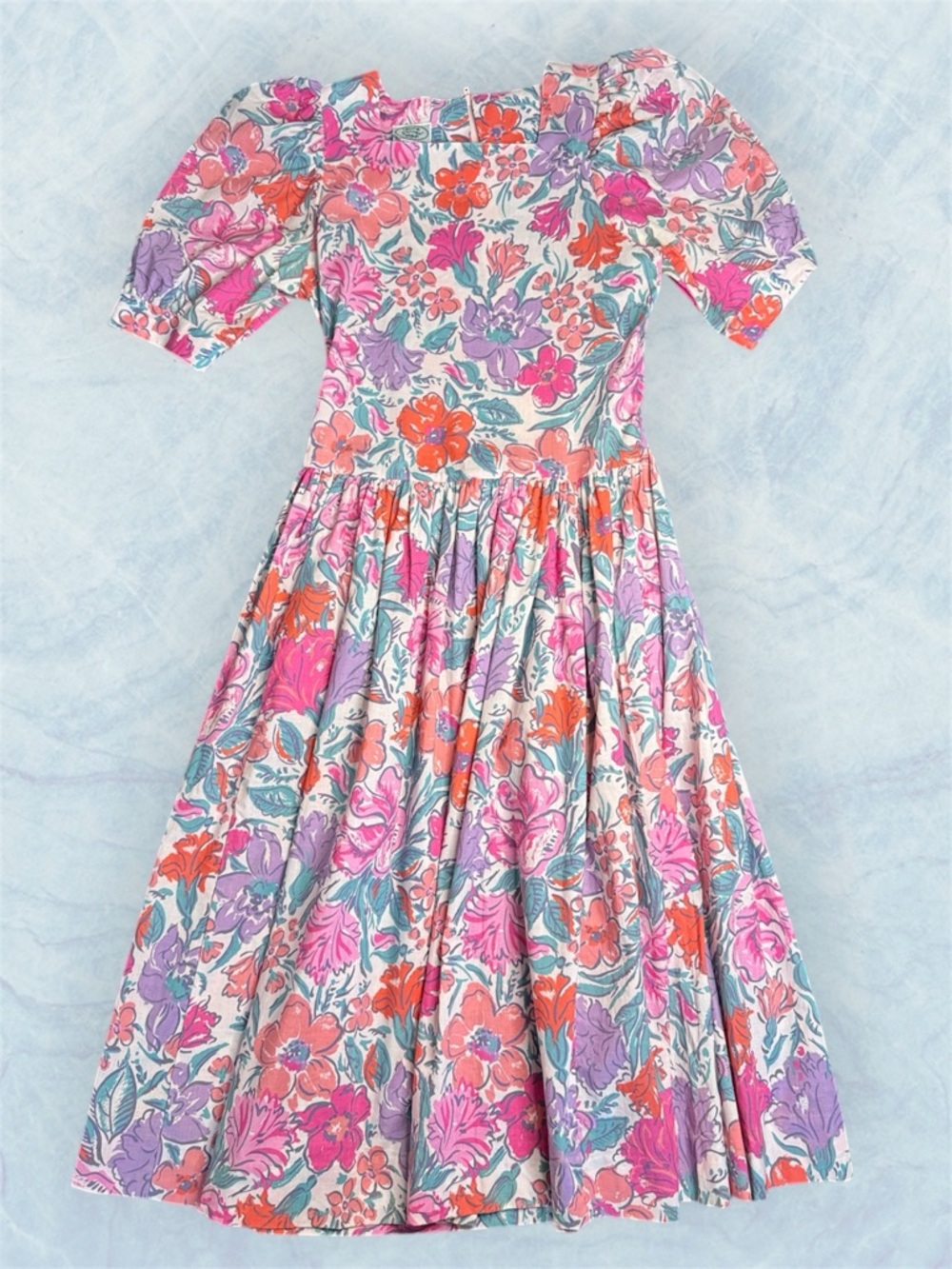 Vintage Laura Ashley Floral Puff-Sleeve Midi Dress Pink & Lavender sz 8 80s 90s